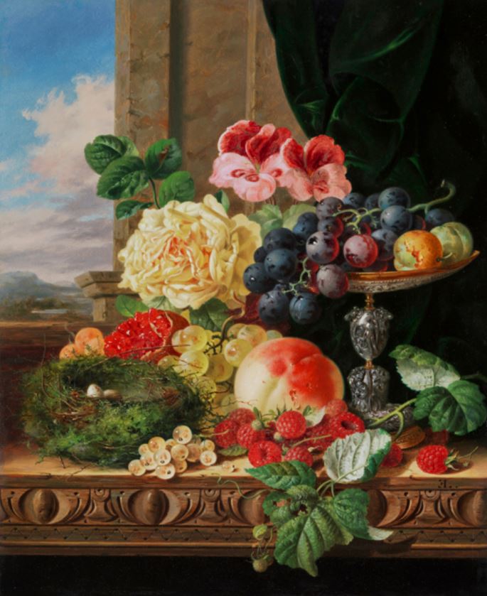 Edward Ladell - Still life of flowers, fruit and a bird’s nest  | MasterArt